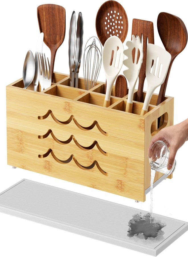 Kcrystenia Large Kitchen Utensil Holder for Countertop, 8 Adjustable Compartments Cooking Utensil Holder Organizer, Bamboo Silverware Caddy with Absorbing Stone Drying Mat for Kitchen Counter - Image 1